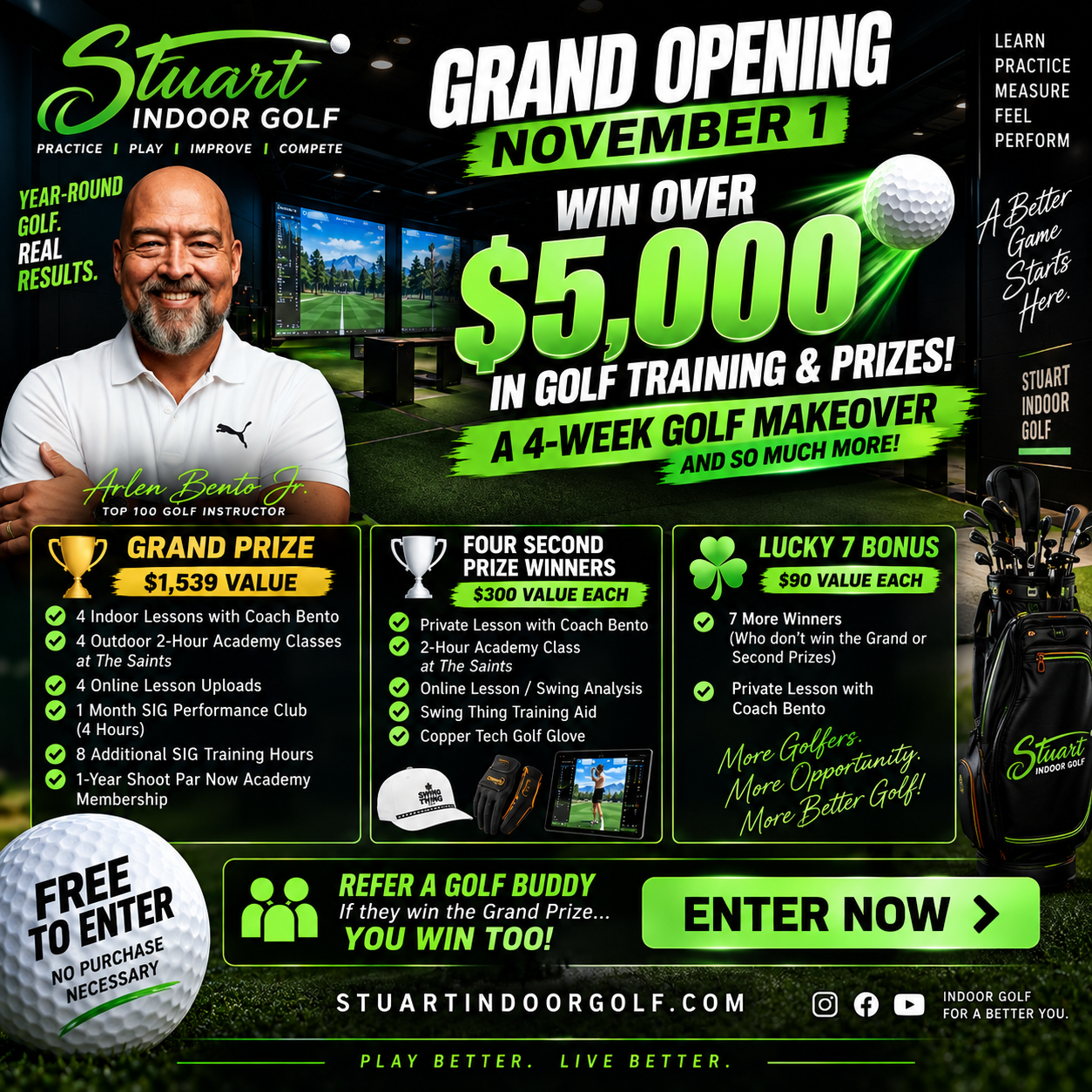 Stuart Indoor Golf grand opening giveaway graphic featuring a four-week golf makeover, four second-prize training packages and seven private lessons